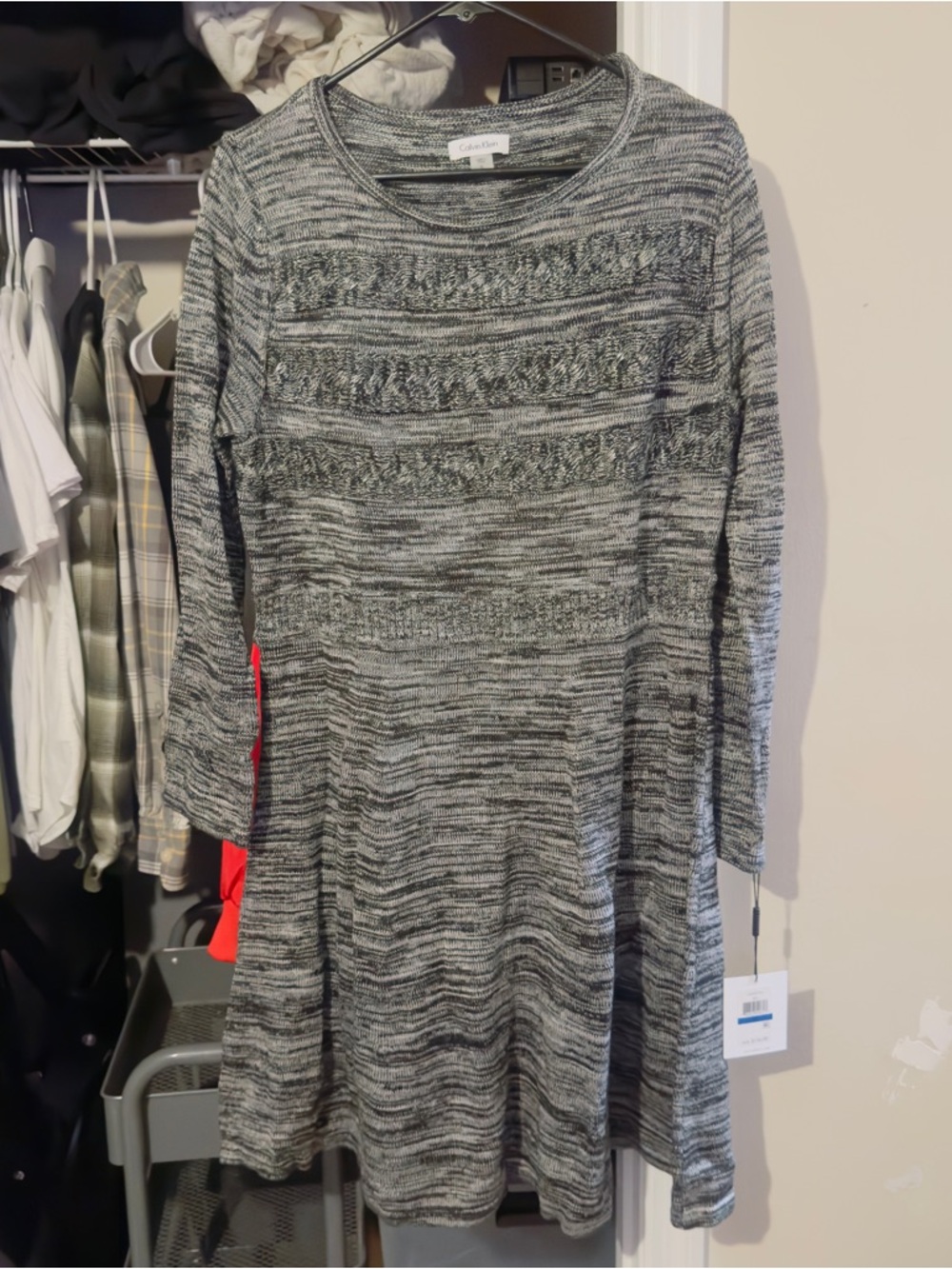 Calvin Klein Marled Gray Long-Sleeve A-Line Dress